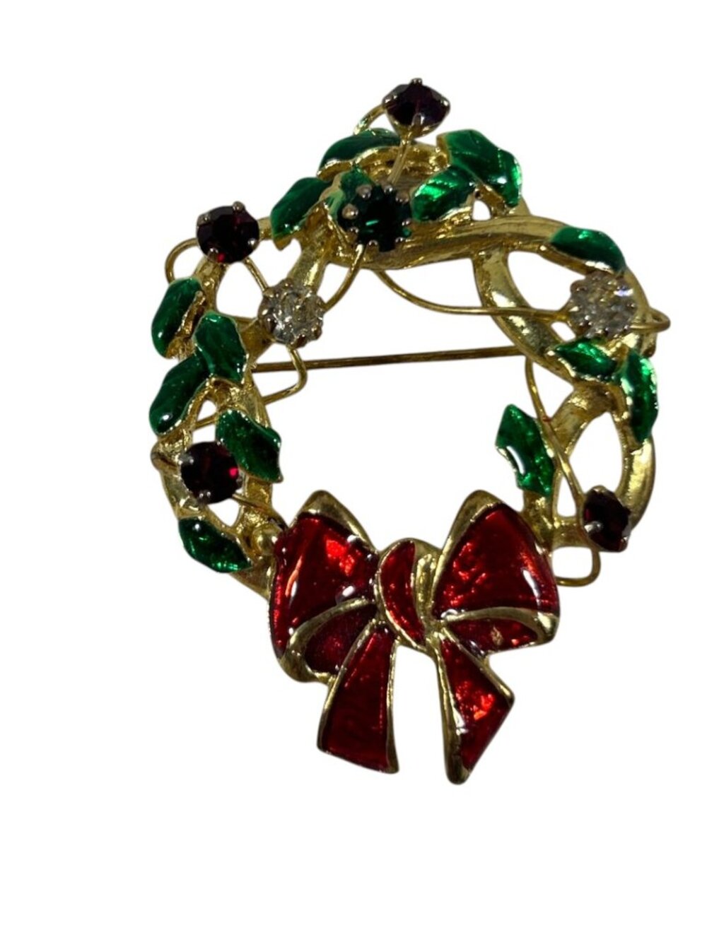 Vintage Christmas Wreath Brooch Red Bow Green Enamel Rhinestones Holiday Pin